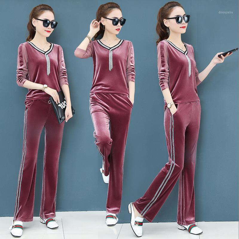 

Running Sets Spring Women Sport Suit Velvet Loose Wide Leg Sweatpant+sweatshirt Jogger Exercise Workout Outfit Casual Set Sportswear, Black;blue