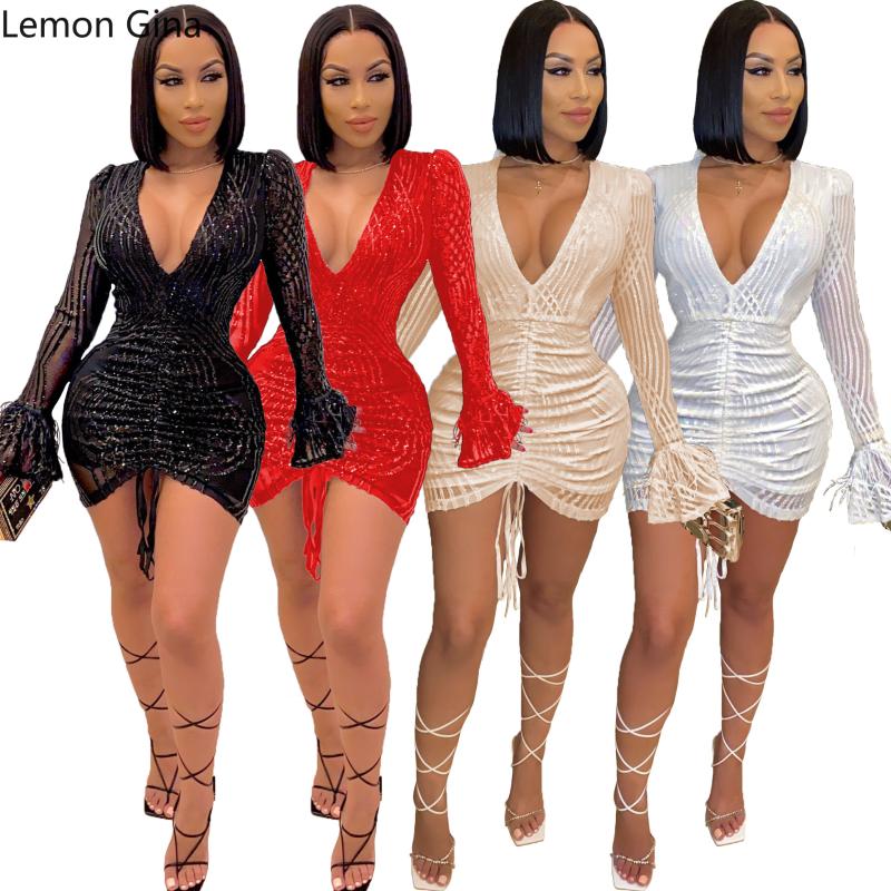 

Casual Dresses Lemon Gina Sexy Chic Women Mini Dress Slim Deep V Neck Lantern Sleeve Sequined Bodycon Female Night Club Party Outfits, Black