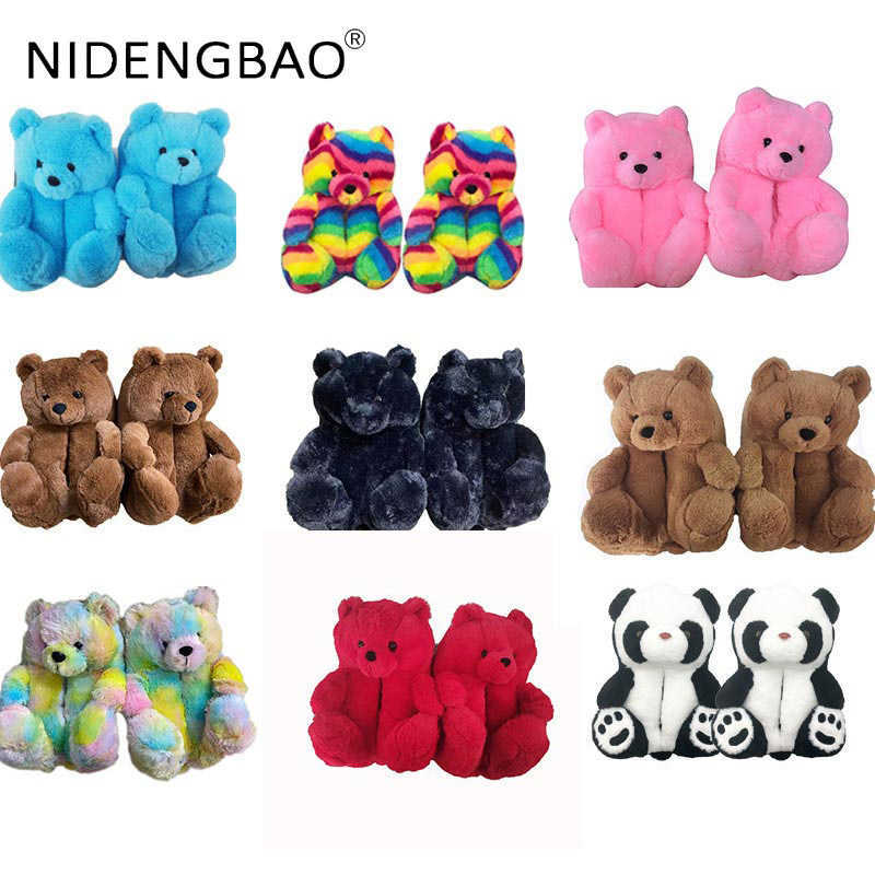 

Winter Young Children's Home Slippers Women Girls Cartoon Teddy Bear Shape Lovely Shoes Plush Fluffy Warm Kids House Pantuflas Y0902, Box