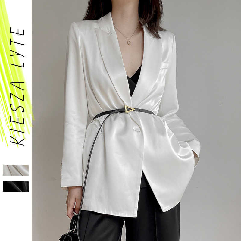 

Blazer Women Designer Satin Top Long Sleeve Solid White Office Ladies Casual Jackets Formal Outfit Clothes 210608
