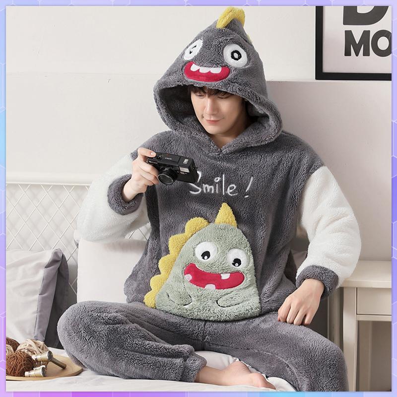 

Men's Sleepwear Animal Hooded Pajamas Sets Winter Pajama Cute Long Sleeve Thicken Warm Flannel Soft Nightwear Plus Size 3XL, Black;brown