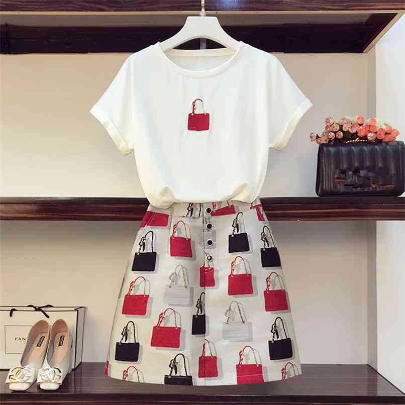 

Plus Size XL-5XL Bag pattern embroidery Tshirt Skirt 2 Piece Set Women Summer Casual Cotton Tees and Jacquard Suit 210602, White