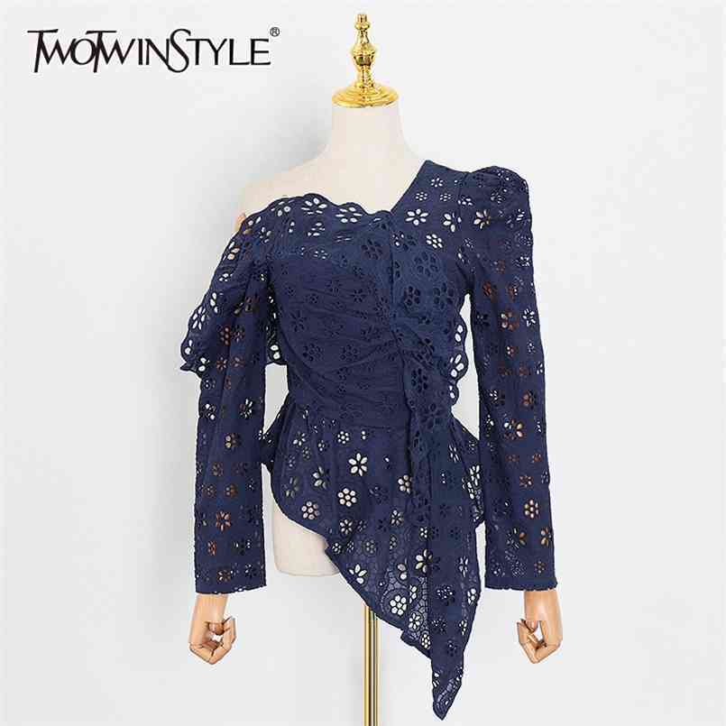 

Hollow Out Streetwear Shirt For Women Skew Collar Long Sleeve Casual Slim Blouse Female Fashion Spring 210524, White