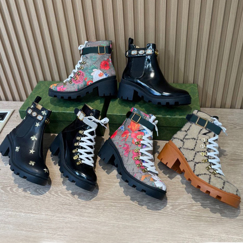 

Autumn winter High heel Martin boots 100% cowhide Metal Belt buckle women designer Shoes Diamond Bee Thick heels Leather Alphabetic Lady Desert boot Large size 35-42, Style 1-black + bright leather