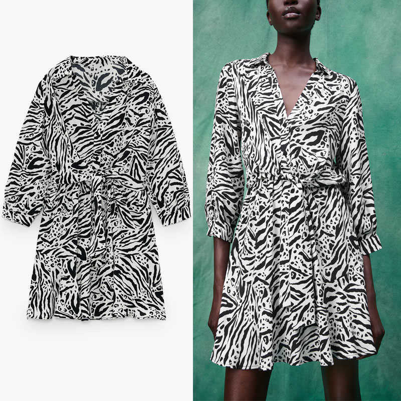 

Za Animal Print Mini Summer Dress Women Vintage Long Sleeve Knot Pleat Dresses Woman Fashion Button Up Elastic Dress 210602, As picture