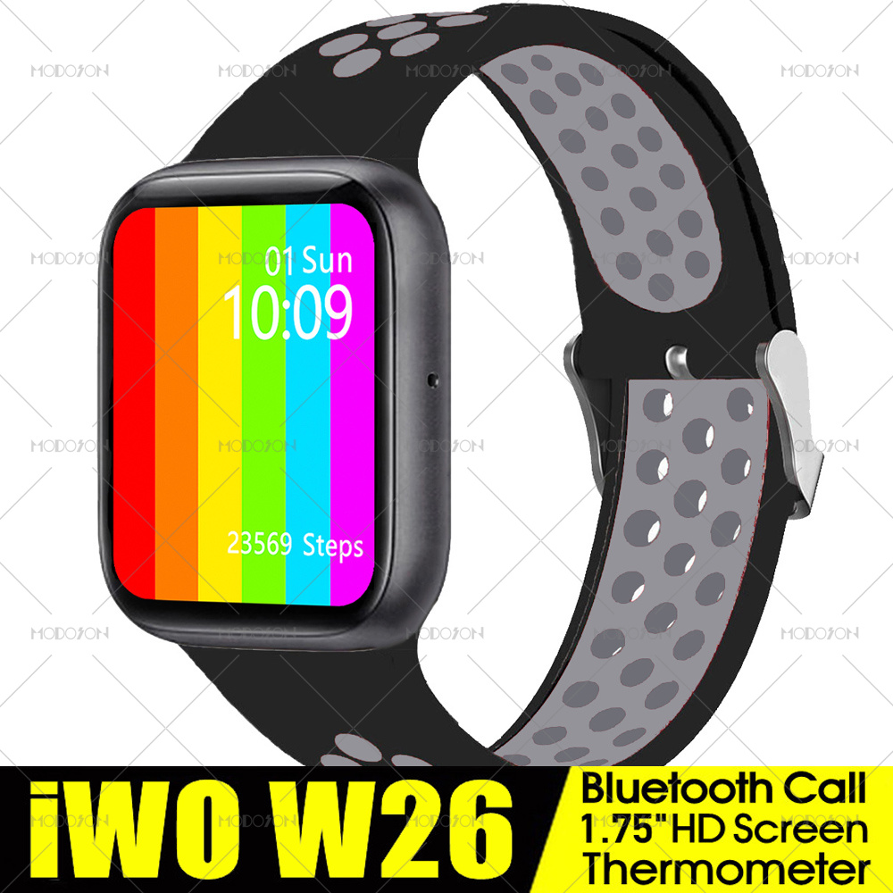 

1.75 inch Smart Watch iwo W26 W26M Series 6 Bluetooth Call Heart Rate ECG Thermometer Smartwatch PK W46 T500 X7 X8 Smart Watchg, Black black