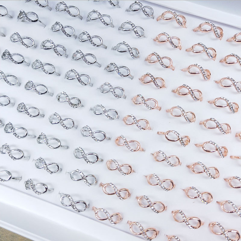

50pcs/lot Simple Band Silver Gold Color Metal Diamond Bow Figure Love Rings For Women Fashion Party Gifts Wedding Jewelry Wholesale