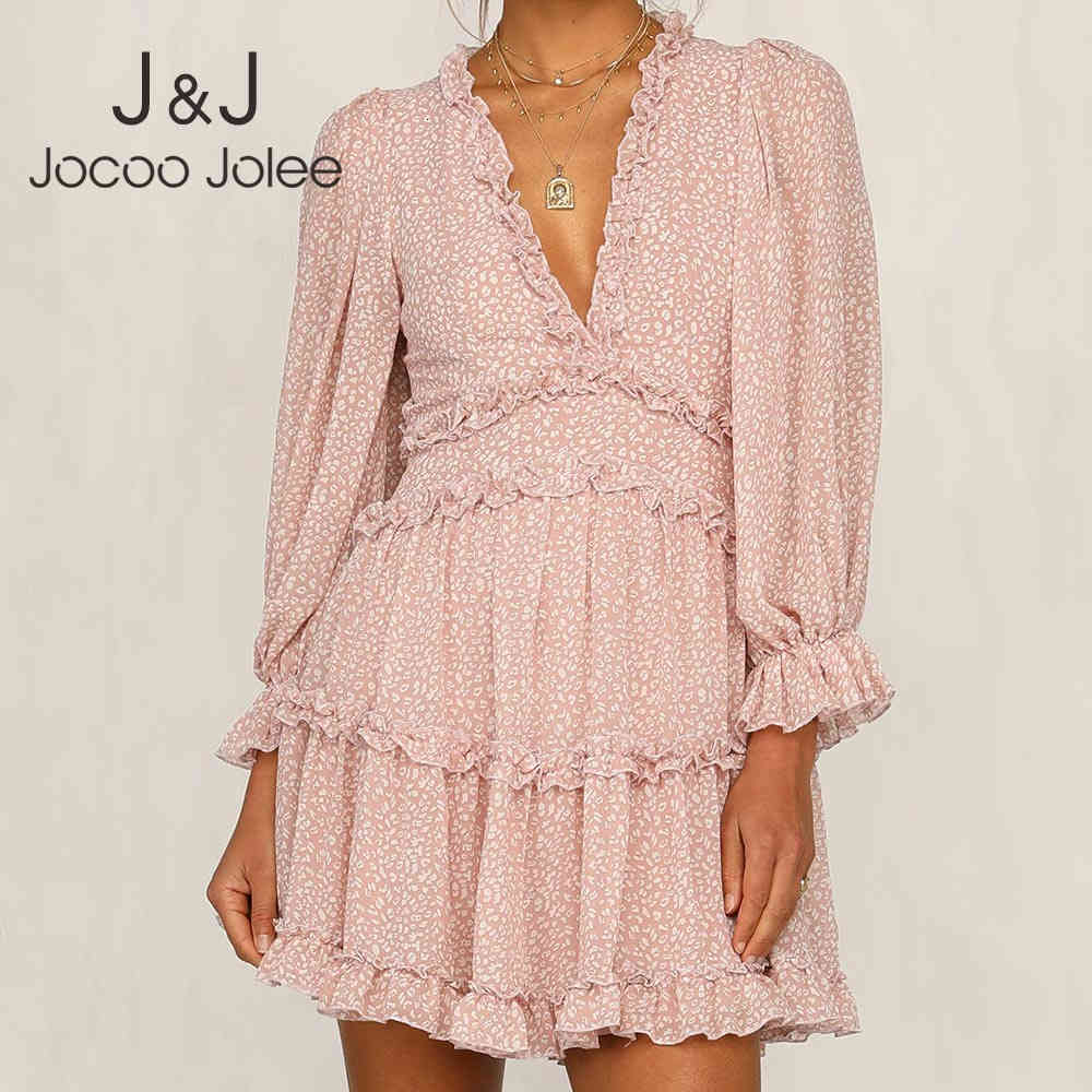 

Jocoo Jolee Elegant Ruffle Dress for Women Puff Sleeve V Neck Backless Sexy A-line Dress Casual Print Sundresses Party Dress 210518, Light blue