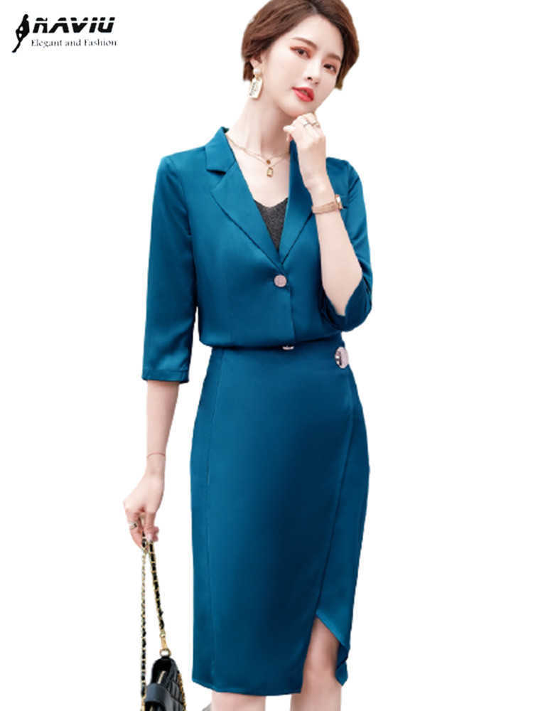 

Naviu Fashion Women Suit Two Pieces Set Half Sleeve Blazer and Knee Length Skirt Formal Uniform Office Wear 210604, Blue coat and skirt