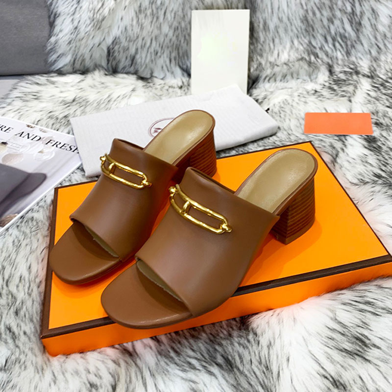 

Women Sandals Newest Summer Genuine Leather Womens High Heels Striped Ladies Casual Scuffs Block Heel Outdoor Shopping Letters Slippers Box
