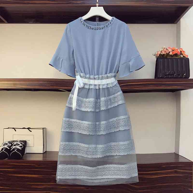 

Blue Women Suits Summer Beaded Short Sleeve Long Tshirt Dress and Elastic Waist Lace Mesh Patchwork Skirt 2PCS Set 210525