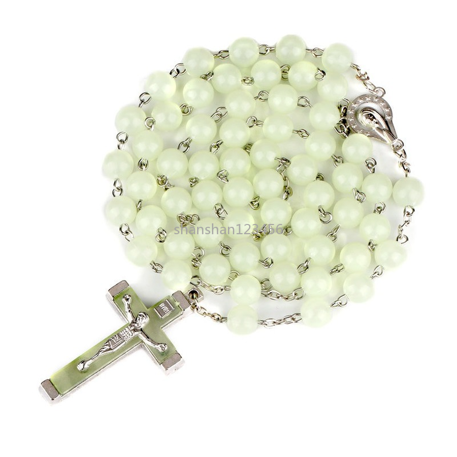

Jesus Crucifix Cross Glow In The Dark Pendant Necklace Night Light Fluorescence Christ Prayer Beads Necklaces for Women Girls Fashion Jewelry Will and Sandy