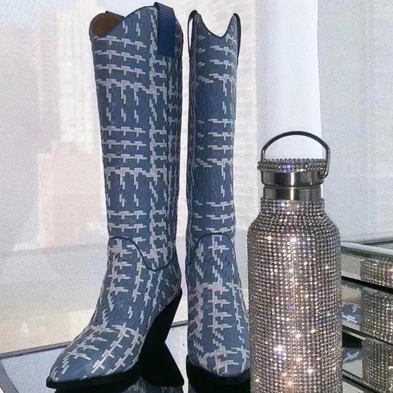 

Boots Autumn Winter Knee-High Woman Shoes Pointed Toe High-Heels Braided Slip On Fashion Sexy Female Botas De Mujer, As shown