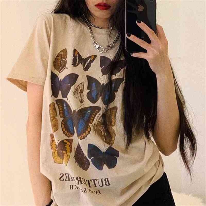 

VIP HJN Butterfly T Shirt Aesthetic Cotton Women Harajuku Graphic ees Sun Flower Women's -shirt 210720, White-six butterfly