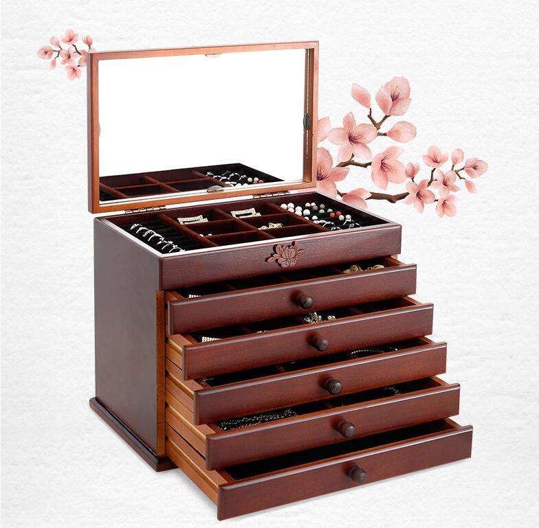 

wooden handle With mirror Wood Jewelry Box Storage Gift Display Box Jewelry Lagre Gift Box Packaging casket gift boxes Bins
