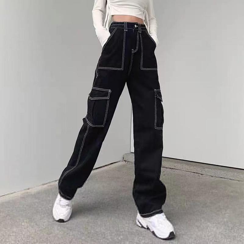 

Women' Jeans 2021 Black High Waist Cargo Pants Women Fashion Big Pockets Patchwork Baggy Denim Harajuku Trousers Streetwear