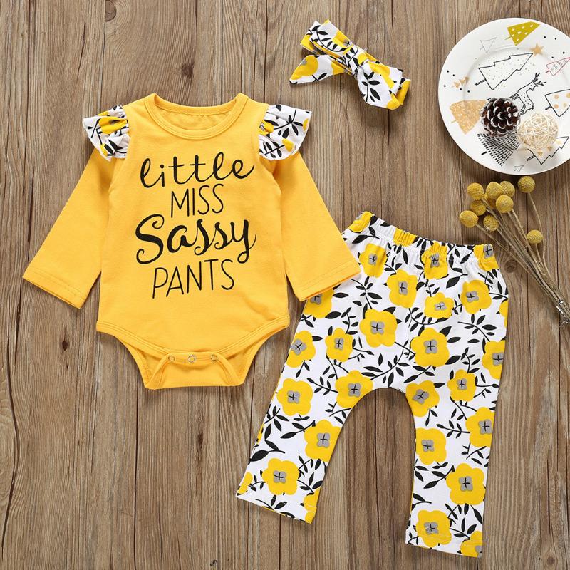 

Clothing Sets Summer Baby Spring Autumn Born Girls Boys Clothes Letter Romper Floral Sassy Pants Hairband 3PCS Outfits, White