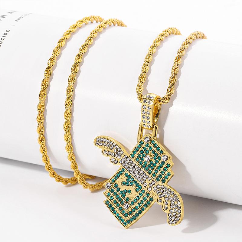 

Pendant Necklaces Green Winged Dollar Zircon Necklace Trendy Creative Design Out Bling Men Hip Hop Rock Party Jewelry Gift
