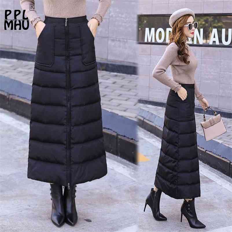Winter Women Elastic High Waisted Black Down Skirt Thick Warm zipper Slim A word skirt female New Fashion Plus Size 4XL Skirt 210412Z