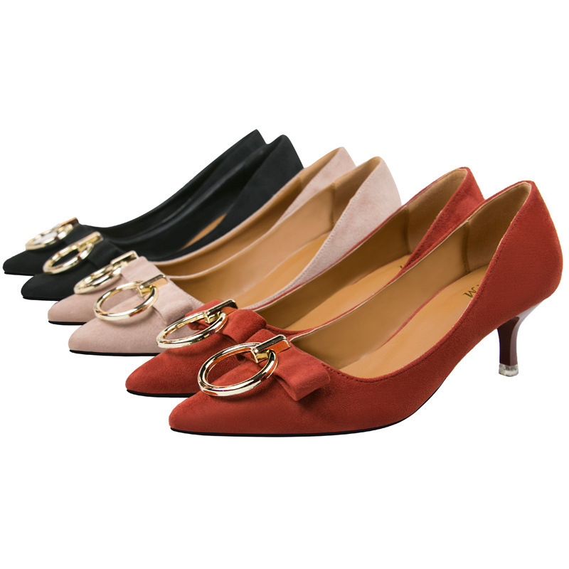 

Fashion Simple Sexy Thin Women's Shoes Thin Heel High Heel Shallow Mouth Pointed Suede Decorative Button Single Shoes, Red