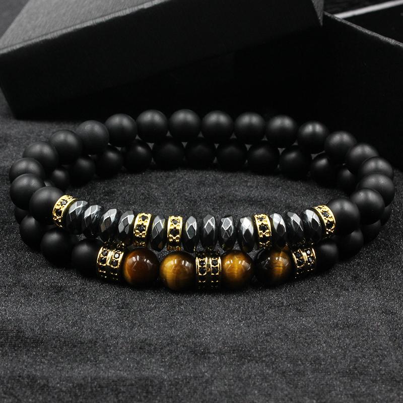 

Charm Bracelets 2pcs/set Brand Fashion Pave CZ Men Bracelet 8mm Matte Beads With Hematite Bead Diy For Jewelry