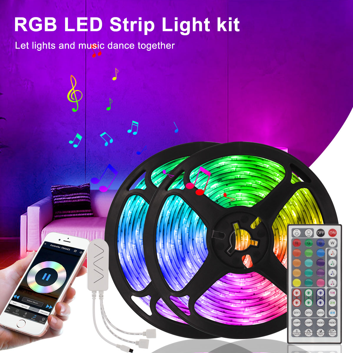 

16.4ft 32.8ft 50ft 66ft LED Strips 5m 10m 15m 20m RGB 5050 LED Light Strips Smart Light With WIFT Bluetooth Controller