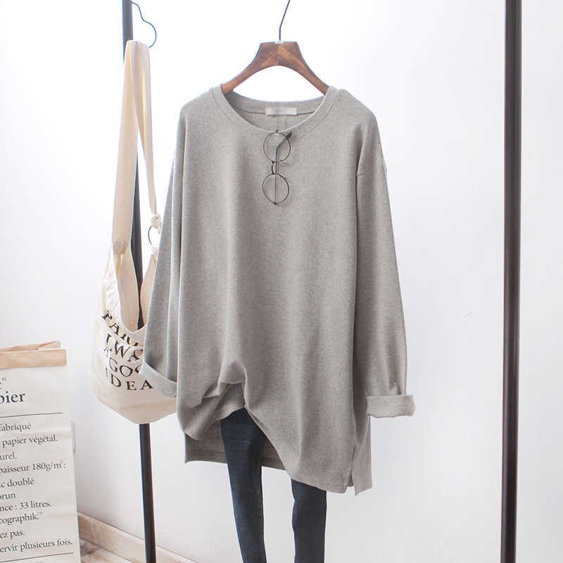 

Autumn Winter Solid Fashion Simple O Neck Loose All Match Full T Shirt for Women 210615, Gray