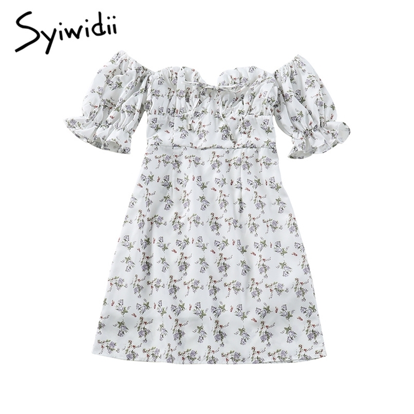 

Puff Sleeve Floral Print High Waist Dresses Women Short Slash Neck A-line Clothes Summer Fashion Dress 210607