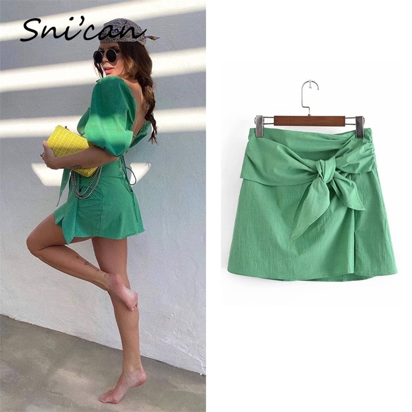 

Snican Solid A Line Bow Asymmetrical Mini Skirt Sexy Za Women Summer Fashion Faldas Cortas Ladies High Waist Jupe Femme 210708, Green