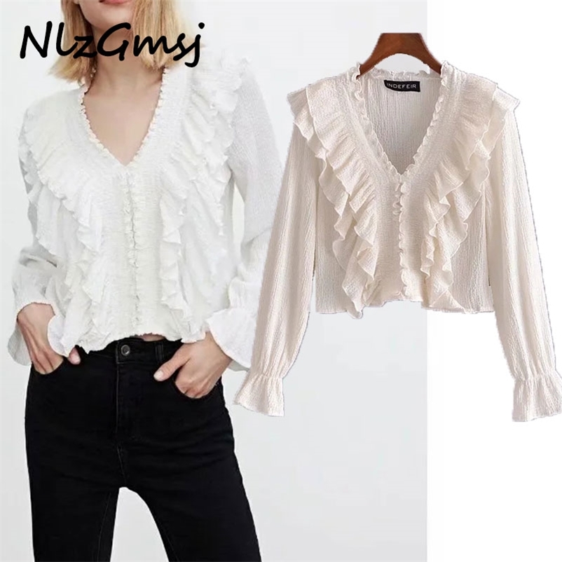

Blouse women shirts V neck korean chic ruffled blouse loose top casual solid white fashion woman clothes 03 210628, As picture