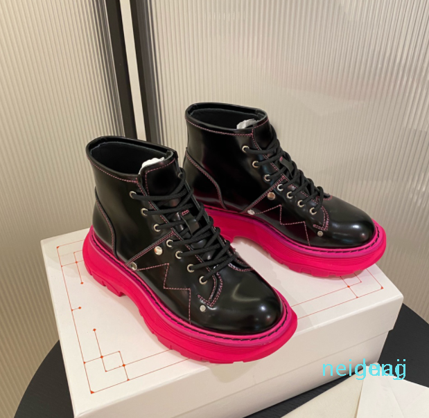 

Designer Women Men Tread Slick Boots Polished Leather Canvas Lace-up Rubber Round 625, Color 1
