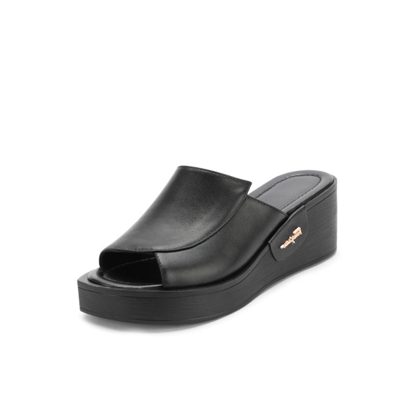 

Fashion Wear Slippers 2021 Summer Thick Bottom Wedge Leather Sandals 33-43, Black
