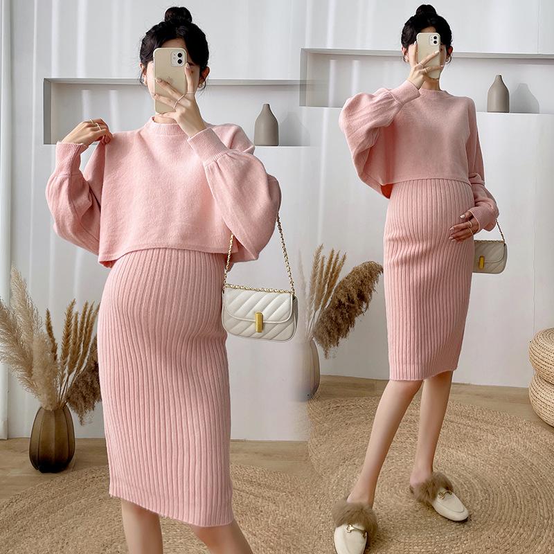 

Maternity Dresses Autumn Winter Korean Fashion Knitted Sweaters Dress Suits A Line Slim Clothes For Pregnant Women, White