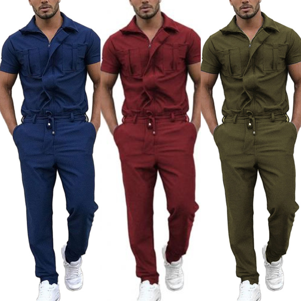 

Fashion Men Jumpsuit Stylish Short Sleeve Pockets Drawstring Zip Jumpsuit Coverall Work Clothes Streetwear Casual Rompers X0601, Gray