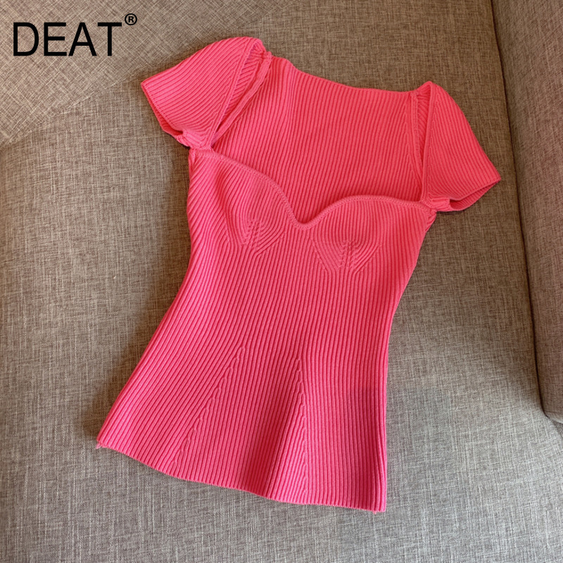 

Summer Short Sleeve Square Collar Sexy Kinitted Top Women T Shirt WK690 210525, Blue