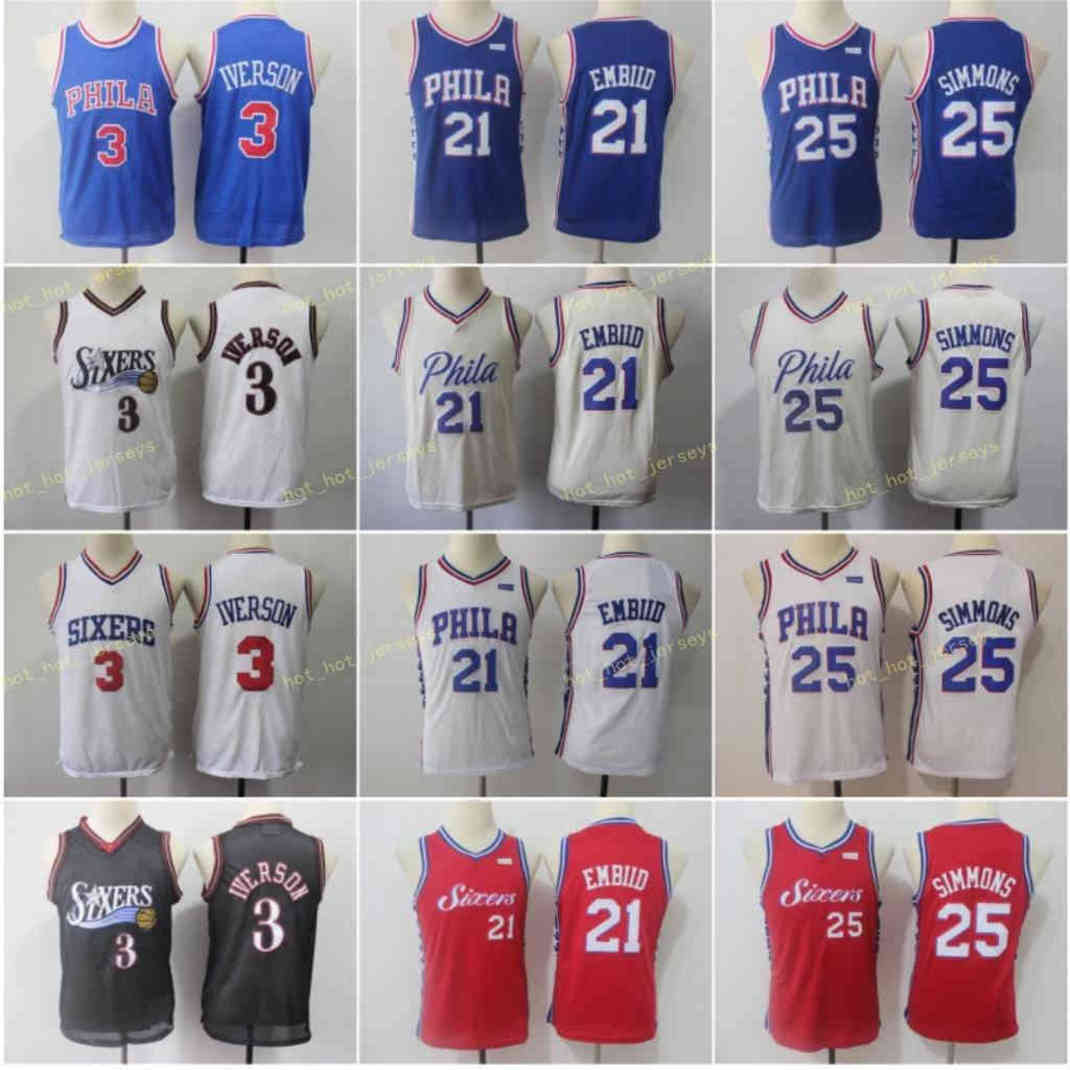 

Youth Kids Allen 3 Iverson PhiIadeIphia Jersey Joel 21 Embiid Ben 25 Simmons Blue White Black Red Stitched Size S- Demver