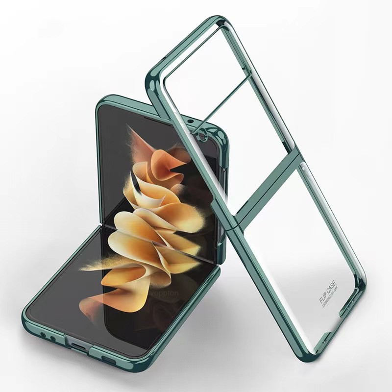 

Cell Phone Cases Luxury Plating Frame Hard for Samsung Galaxy Z Flip 3 Transparent Case Electroplate Frame Clear Cover, Black