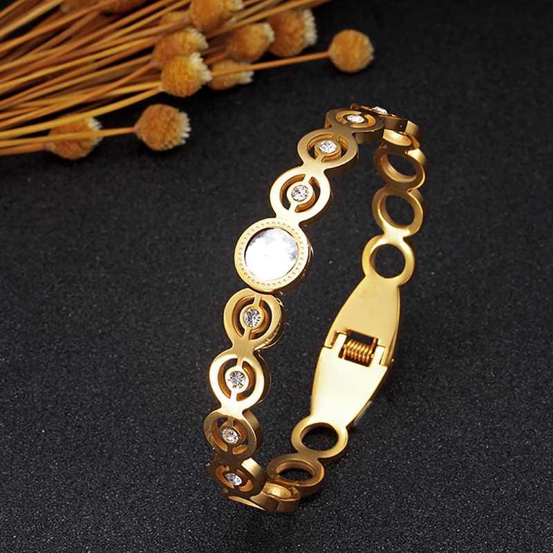 

Luxury Stainless Steel Cubic Zirconia Cuff Bracelets Bangle for Women Gold Plating Shell Crystal Wristband Female Jewelry Q0719