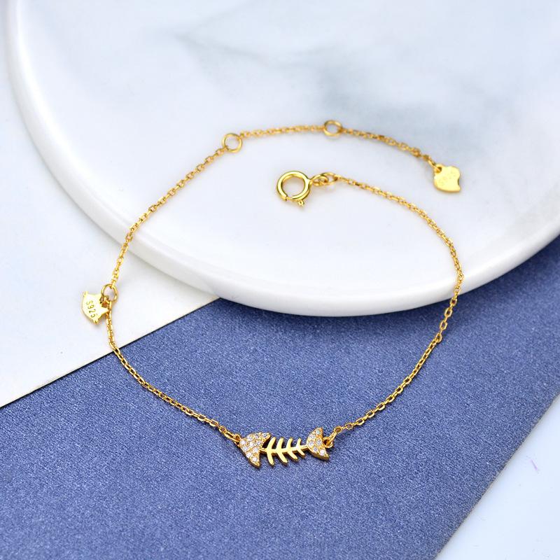 

Adjustable Brilliant Charm S925 Sterling Silver Rhinestone Fish Bone Gold Jewelry Bangle Bracelets For Women Accessories Link, Chain