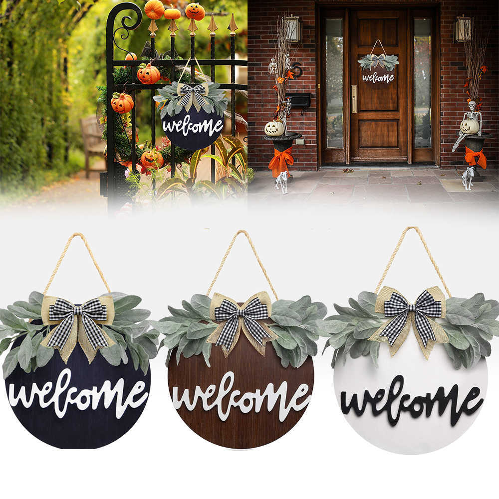 

Welcome Wreath Sign for Farmhouse Front Porch Decor Rustic Door Hangers Front Door with Premium Greenery for Home Decoration Q0812