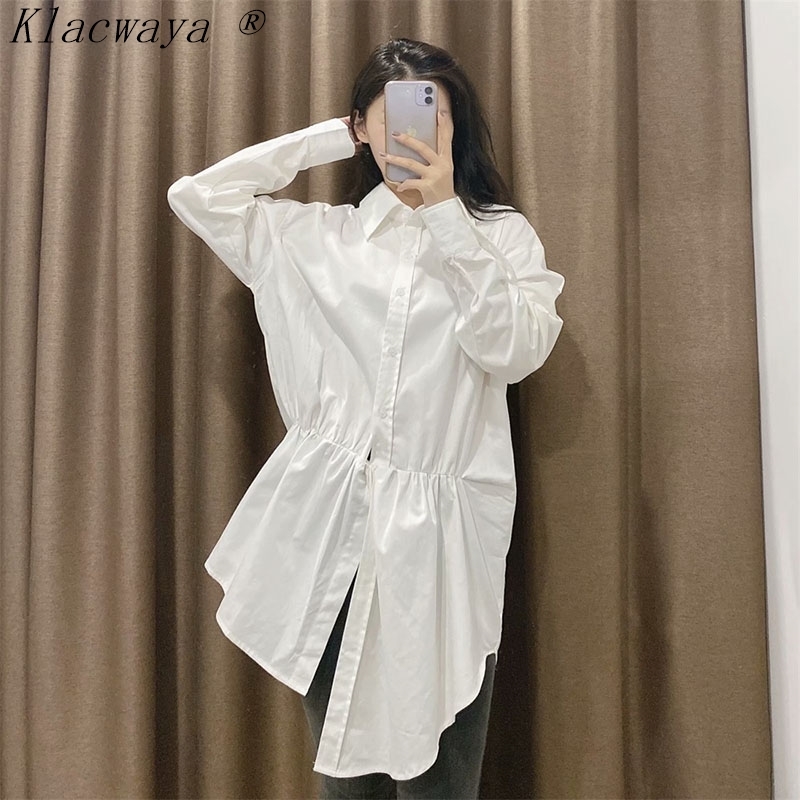 

XEASY Women's Chic Irregular Hem Blouse Plain Color Lapel Long Sleeve Single-Breasted Medium Length For Spring 210521, White