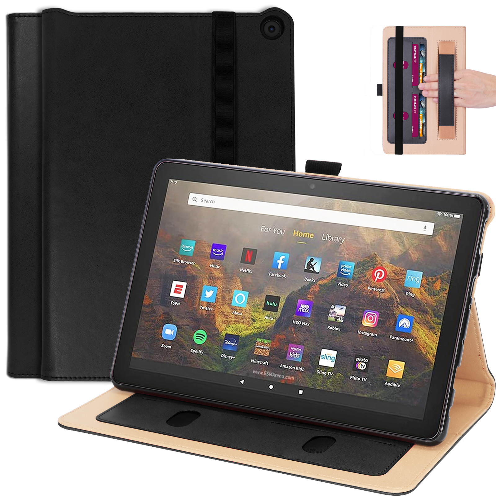 

Luxury Book Flip Cover Case for New Amazon FireHD10 Fire HD 10 HD10 Plus 2021 Tablet with Hand Strap Card Slots + Free Gift