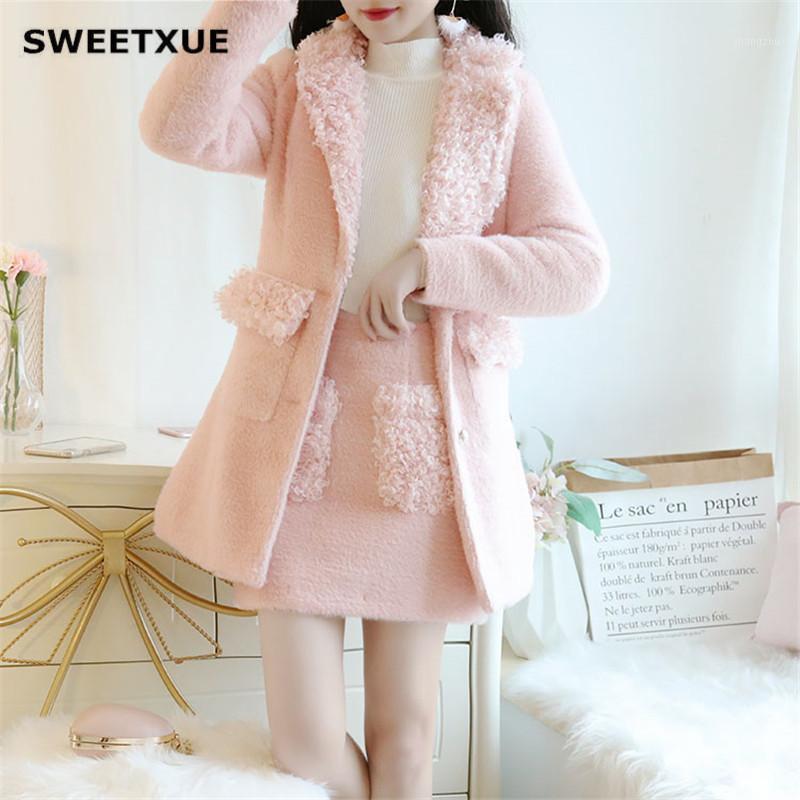 

Women' Tracksuits SWEETXUE Winter Women Set 2021 Suit Collar Lamb Hair Patchwork Short Skirt Fashion Cute Chic Two-Piece, White