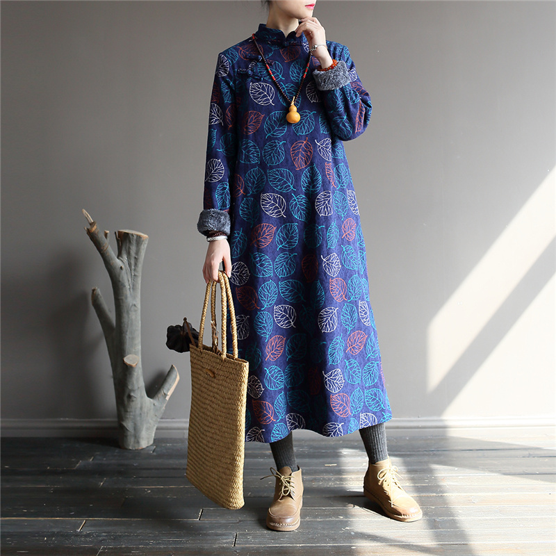 

Johnature Chinese Style Thick Robes Cotton Linen Print Floral Dress Women Winter Cloths Stand Long Sleeve Warm Vintage Dresses 210521, Red