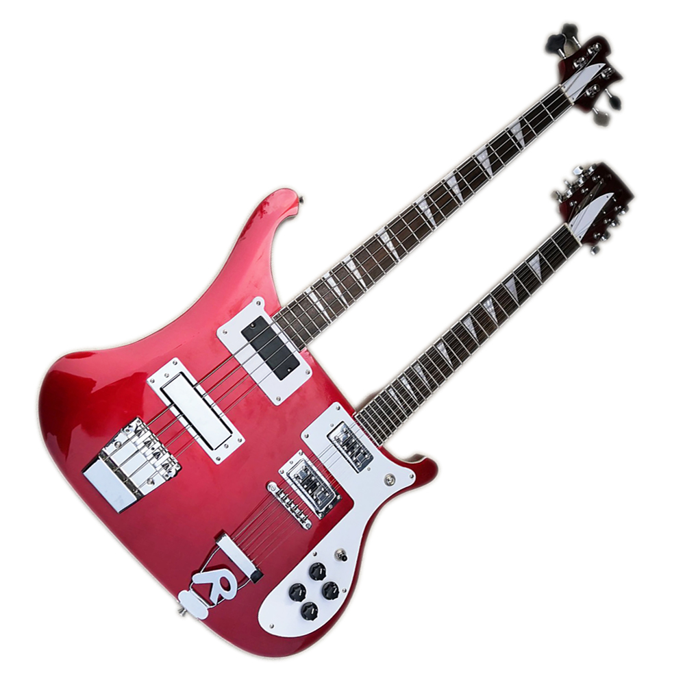 

Factory Outlet-4+12 Strings Metallic Red Double Necks Electric Bass Guitar with White Binding,Rosewood Fingerboard