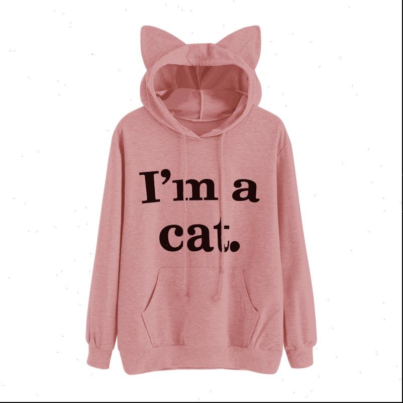 

women blouses im a cat letter print ear hoodie regular full sweet hooded pullover autumn girl large size 3xl, White