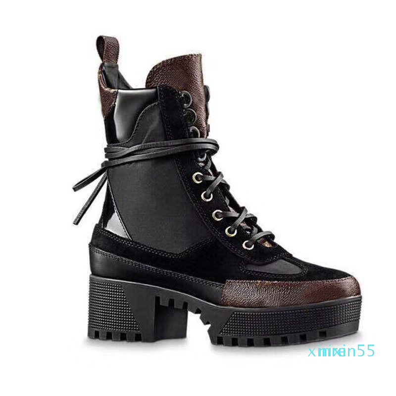 

classic Martin boots designer Winter Coarse heel women shoes 100% leather flamingos Love arrow medal Desert boot Lace up lady Thick, Black suede + matte leather