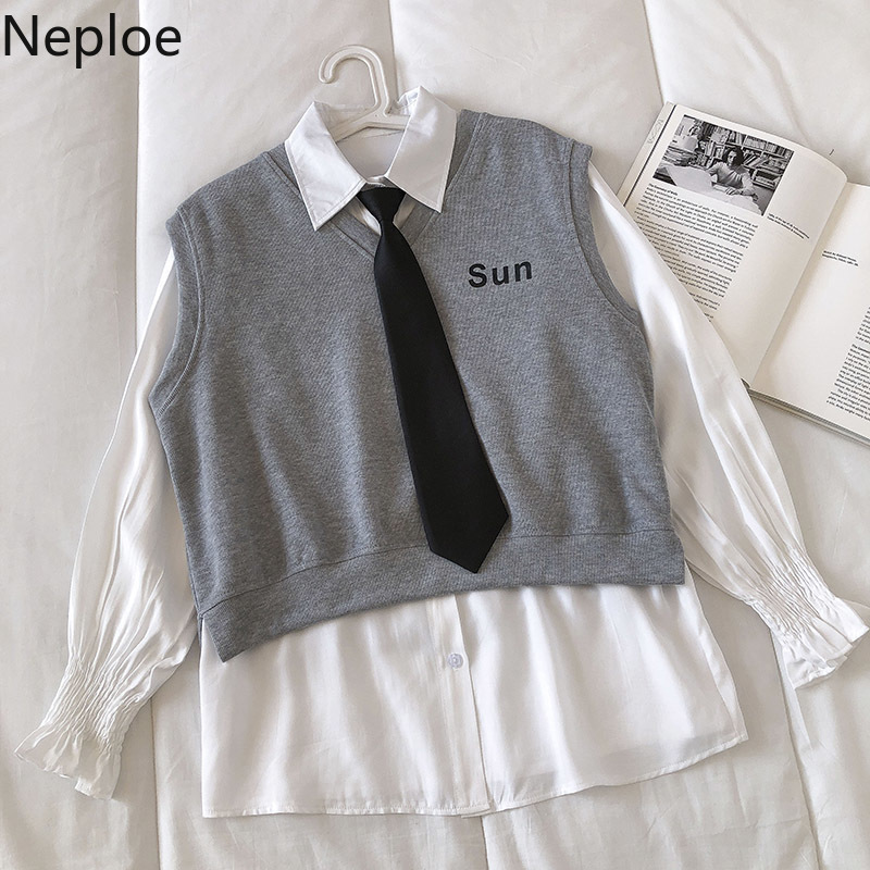 Neploe Preppy Style Two Piece Outfits Women Knitted Embroidery Sweater Vest Loose White Shirt Tops Chic 2 Piece Set Femme 210422