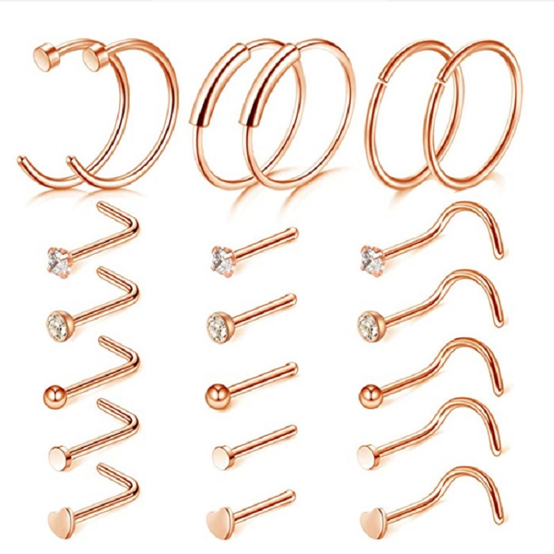 

Screw Nose Rings Unisex L-Shaped C-Shaped Nostril Studs 316L Stainless Steel Body Jewelry 21pcs Mixed Set
