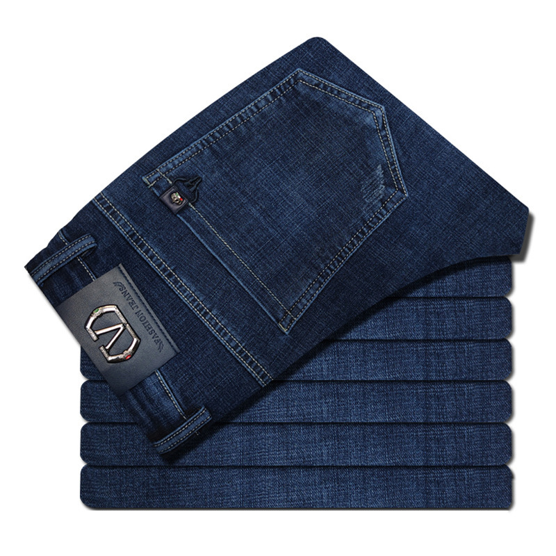 

2021 autumn thick loose straight busins elastic jeans men's, Blue